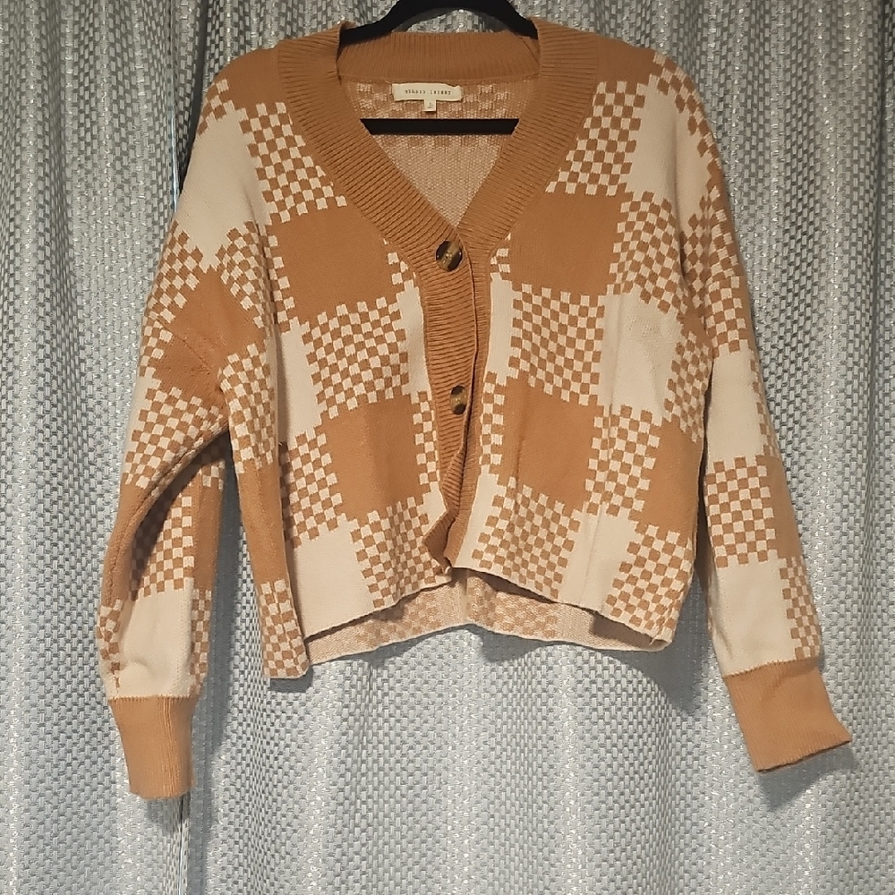 Gilded Intent Tan and Cream Checkered Cardigan